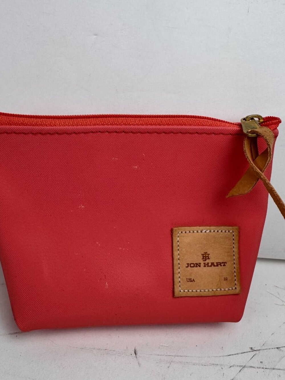 Jon Hart USA Small Zipper Pouch Toiletry Makeup Bag Coral Pink Natural Leather